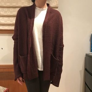 BDG Rolled-Sleeve Open Cardigan in Burgundy
